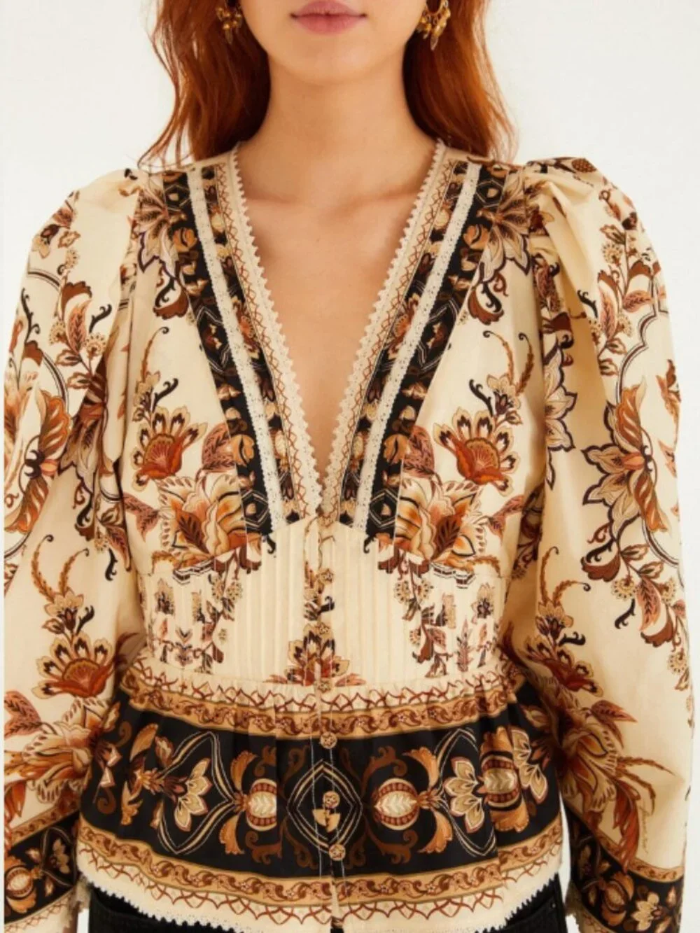 Farm Rio Sand Majestic Garden Lace Puff Sleeve Blouse (NWT)